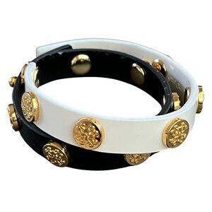 Rustic Cuff Meagan White and Black Double Wrap Leather Bracelet Gold Logo